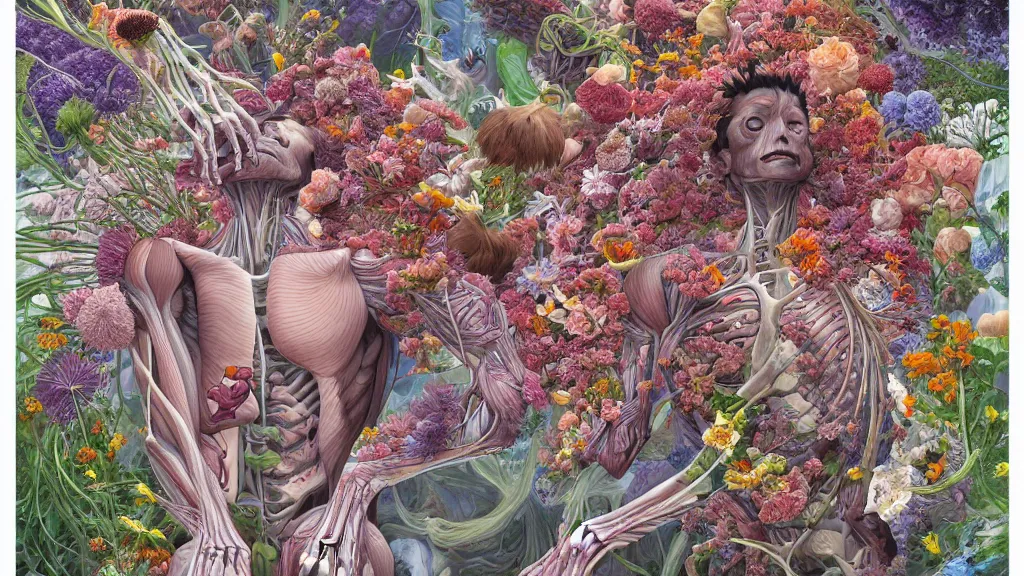 Image similar to highly detailed illustration of a human anatomy body exploded by all the known species of flowers by juan gatti, by makoto shinkai, by moebius!, by oliver vernon, by joseph moncada, by damon soule, by manabu ikeda, by kyle hotz, by dan mumford, by kilian eng