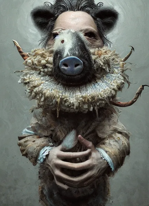 Image similar to a hyper detailed painting of an anthropomorphic joaquin phoenix as the king of animals, cow horns, pig nose, sheep wool, chicken feathers, horror, by anna podedworna, by miklos ligeti, by diego maricato, by taran fiddler, by antonino truisi, by chris reddie, on artstation