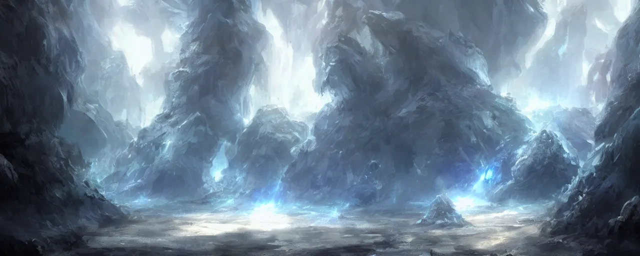 Image similar to concept art of an ancient fantasy, huge crystals!!, god rays, artstation