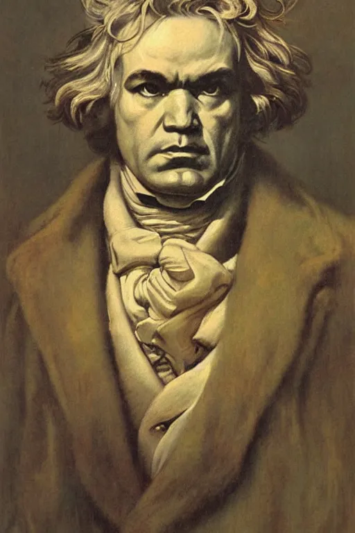 Image similar to a portrait of beethoven by wayne barlowe, gustav moreau, goward,  Gaston Bussiere and roberto ferri, santiago caruso, and austin osman spare, ((((occult art))))