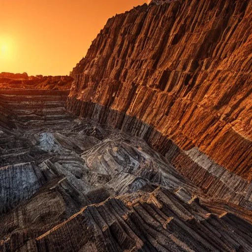 Image similar to bottom-up view huge deep stone quarry landscape quarry of dirty iron ore in the evening light golden hour, atmospheric lighting, 8k resolution, best color graded, vray beautiful, hyper-realistic render W 1920 H 1080