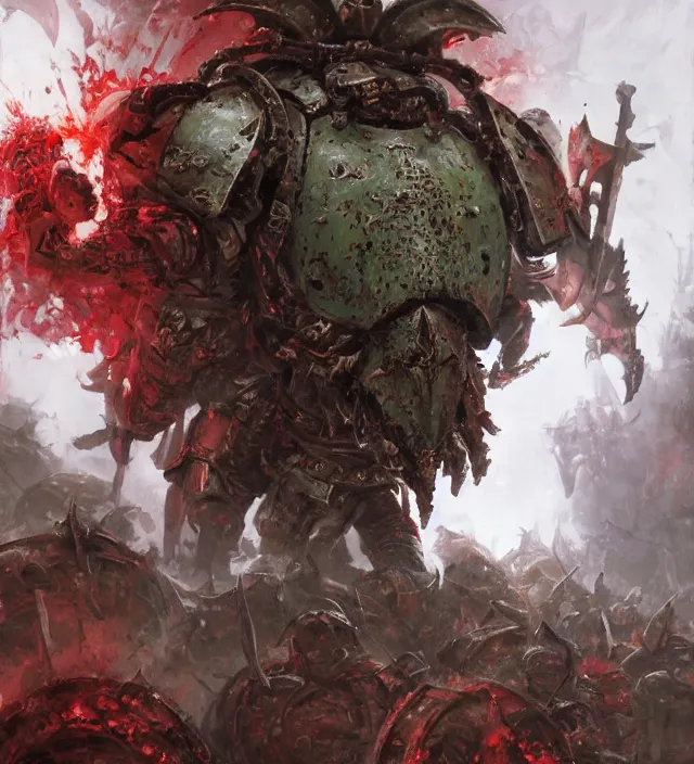 Image similar to battle scene portrait of armored heroes warhammer 4 0 k fight war fighting nurgle warrior, cesede, the chaos god of plague and decay, red chaos knight with cathedrals and columns, pestilence, champion, emperor, abbeys, elegant concept art by ruan jia