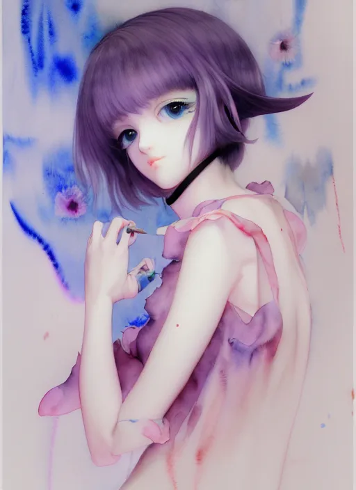 Prompt: a pretty young chanteuse with morbid thoughts practices watercolor painting, painted on polished glass by Range Murata, Katsuhiro Otomo, Yoshitaka Amano, and Artgerm. 3D shadowing effect, 8K resolution.