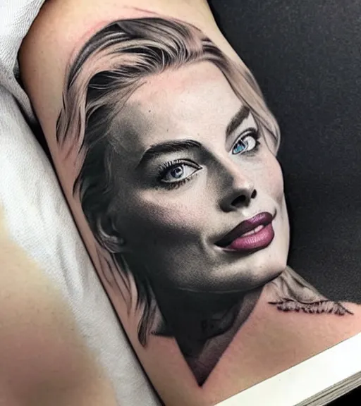 Image similar to tattoo sketch of margot robbie mash up with amazing mountain scenery and nature, double exposure effect, in the style of arlo dicristina, hyper realism, amazing detail, sharp