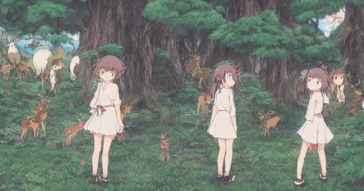 Image similar to anime girl peeking behind a bush while looking at a pack of reindeers, beautiful ambiance, studio ghibli style, by hayao miyazaki, sharp focus, very detailed, 4k