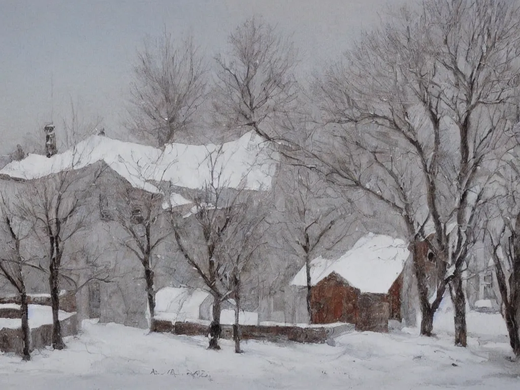 Image similar to Old deserted house filled with snow. Painting by Antonio Lopez Garcia