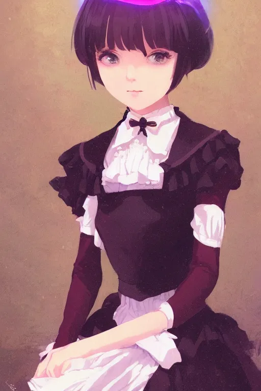 Prompt: a portrait of a cute young woman in a Victorian maid outfit with black bob cut hair, steampunk setting, vivid colors, soft lighting, atmospheric, cinematic, moody, in the style of Ilya Kuvshinov and Range Murata, Krenz Cushart, oil on canvas, 8k