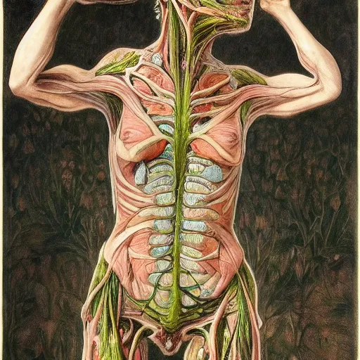 Image similar to a beautiful detailed full body rotten woman corpse morphing into fractal plants and fractal flowers and mushrooms, muscles, veins, anatomical, intricate, ornate, volumetric light, beautiful lit, manet