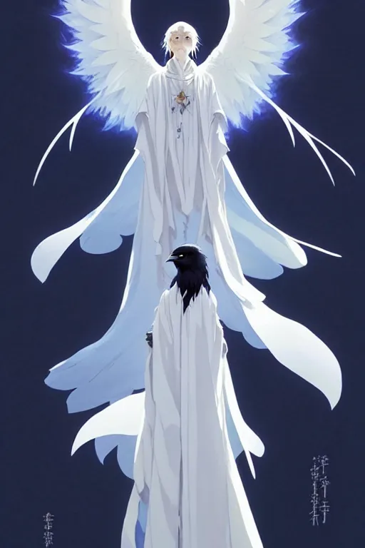 Image similar to raven headed warlock doing magic spells wind, white robes, finely detailed perfect face, exquisite details, mid view, design on a white background, by studio muti, greg rutkowski makoto shinkai takashi takeuchi studio ghibli