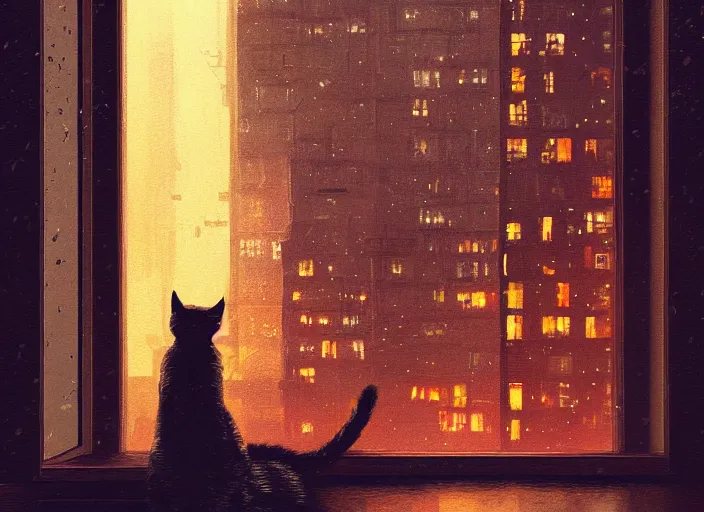Image similar to back of cat sitting in front of a window looking out at a rainy cyberpunk city at night, cozy indoor lighting, greg rutkowski, alena aenami, artstation, detailed, digital painting
