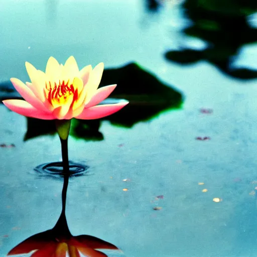 Image similar to 35mm photograph, kodachrome 160, beautiful Baroque rococo detailed Canon DSLR from 1800s, lotus blossom reflected in still water, bokeh,