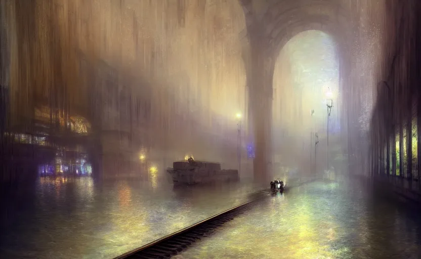 Image similar to an urban train rides inside of a waterway on a fantasy city. by artstation trending, by joseph mallord william turner, luis royo, konstantin razumov, cinematic lighting, fractal flame, highly detailed