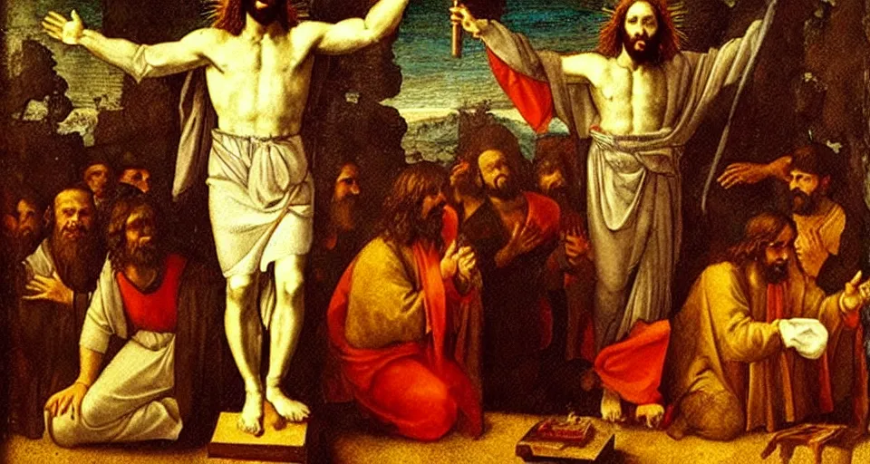 Image similar to The last club performance, Jesus as a DJ, painting by Leonardo da Vinci