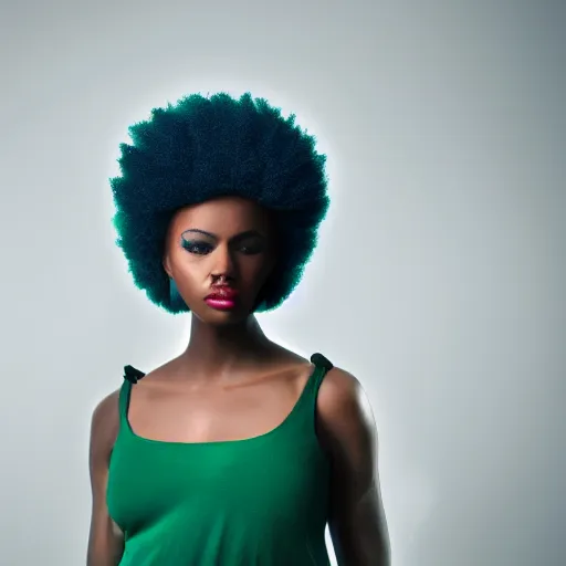 Prompt: a realistic model photoshoot of a black girl with green afro hair, beautiful, model, professional picture, realistic, 4 k, bright light, portrait