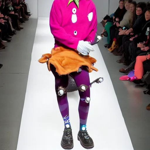 Image similar to slug wearing clothes, vivian westwood, slug with teeth, runway model