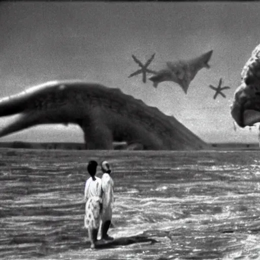 Prompt: a couple escaping from a giant Kaiju Starfish Monster over a traditional Korean village, minimal cinematography by Akira Kurosawa, movie filmstill, film noir, thriller by Kim Jong-il and Shin Sang-ok