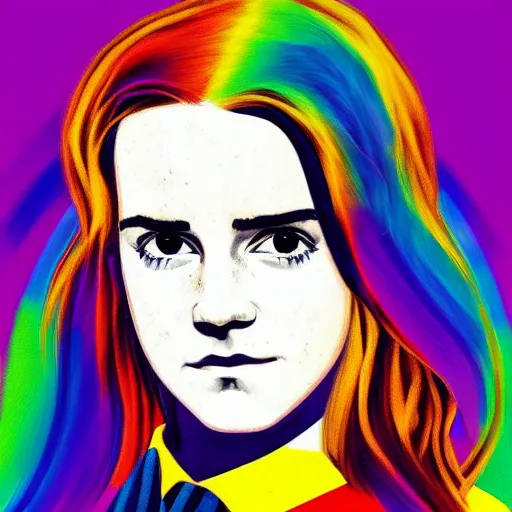 Image similar to rainbow emma watson age 1 3 as hermione. pop art.