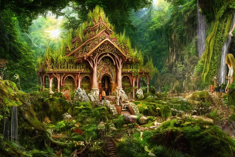 Image similar to a beautiful and highly detailed digital painting of a crystal temple in lush forest in the mountains of rivendell, psychedelic, celtic, intricate details, epic scale, insanely complex, 8 k, sharp focus, photorealism, artstation, cgsociety, by caspar friedrich, albert bierstadt, james gurney, brian froud,