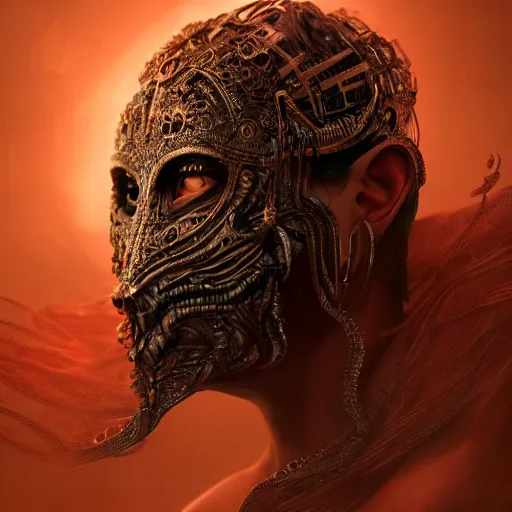 Image similar to Very very very very highly detailed epic photo of demonic face with venetian mask, intricate, dystopian, sci-fi, extremely detailed, digital painting, artstation, concept art, smooth, sharp focus, illustration, intimidating lighting, incredible art by Anna Dittmann, Anton Pieck, Octane render in Maya and Houdini VFX