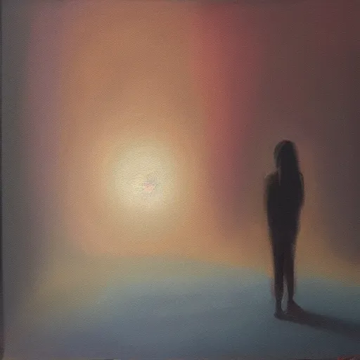 Prompt: A room, fog, a person looking up, light casting down ominous glow, tranquillity, serene, dreamy atmosphere, oil on canvas with vibrant pastel colours