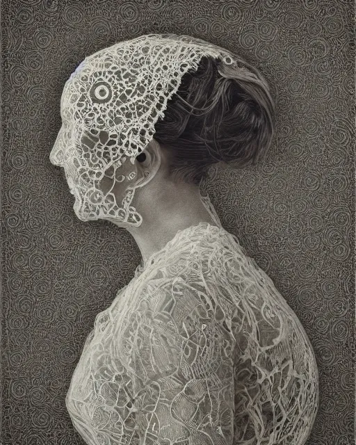 Image similar to a woman's face in profile, made of intricate lace skeleton, in the style of the dutch masters and gregory crewdson, dark and moody