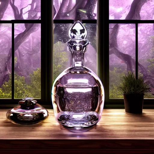 Prompt: A curvy and extravagant potion bottle on an ornate cluttered desk. The potion bottle is filled with sparkling, bright, and glowing swirling liquid. The potion has smoke coming out of it. Magic is everywhere. A window showing a forest is also visible. Octane & Unreal Engine 4 & f1.4 Photography.