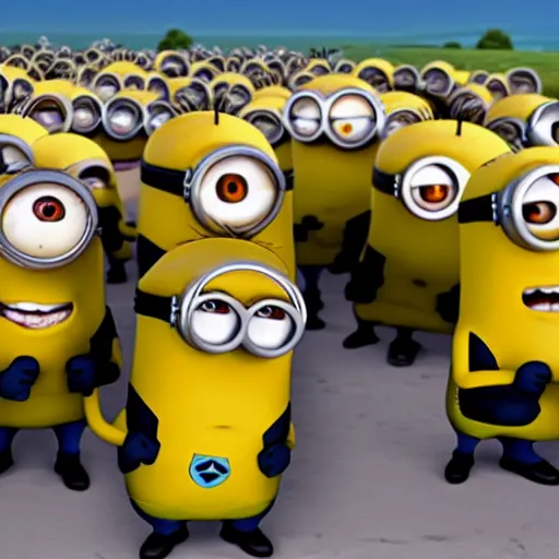 Image similar to minions characters at the hindenburg disaster.