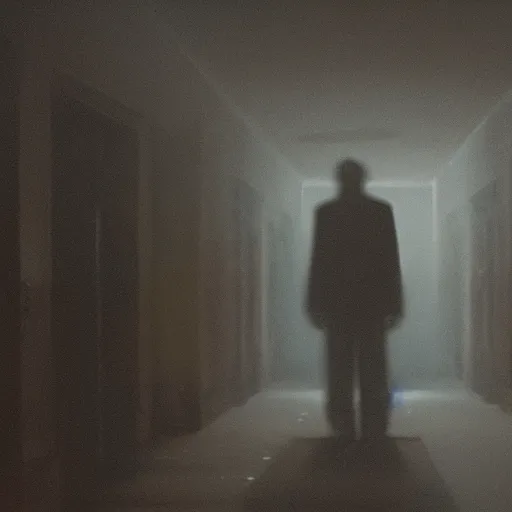 Prompt: A grotesque monster is standing in a yellow dimly lit hallway, cinematic film still.