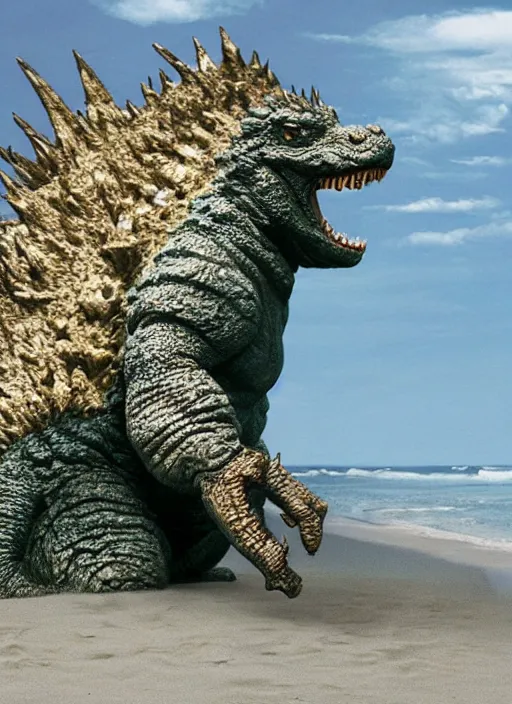 Image similar to godzilla as mozzarella on the sand of a beach