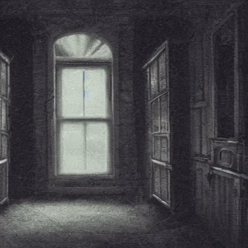 Prompt: interior of a haunted house, late at night