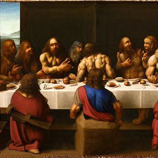 Image similar to neanderthals enacting the last supper by leonardo da vinci, jesus in the middle