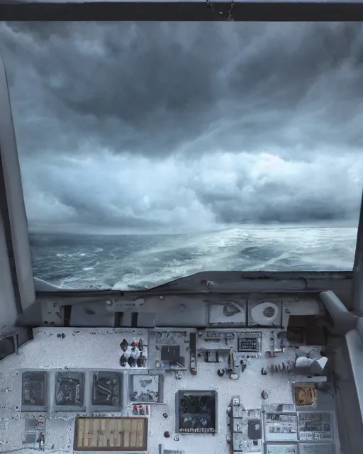 Image similar to view from an aircraft carrier of stormy seas, stormy weather, unreal engine, hyper realism, realistic shading, cinematic composition, realistic render, octane render, detailed textures, photorealistic, ultrawide shot, 16mm lens