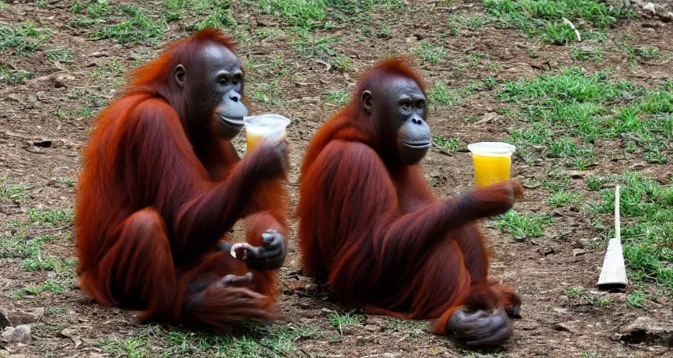 Image similar to a orangutan eating a big mac, holding a drink in its hand