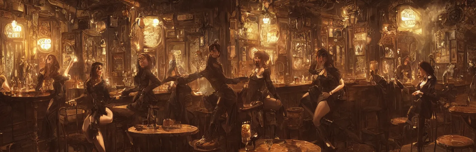 Image similar to women in the interior of a steampunk pub, Greg Rutkowski, Milo Manara, night time, smoking cigarettes, party hard, highly detailed, Quentin Tarantino movie posters, pulp fiction, level design, concept art, artstation, cgsociety, zenith view