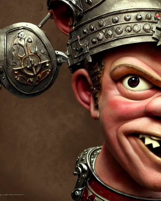 Image similar to highly detailed closeup, face profile portrait of a tin toy matt damon as a medieval demon with horns eating cakes in a castle, hyper realistic, artstation, illustration, nicoletta ceccoli, mark ryden, lostfish, dan decarlo, bob clampett, max fleischer, digital paint, matte paint, vivid colors, detailed and intricate environment