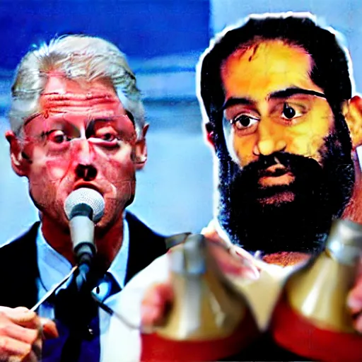 Image similar to bill clinton, osama bin laden and bigfoot eating babies together in dubai