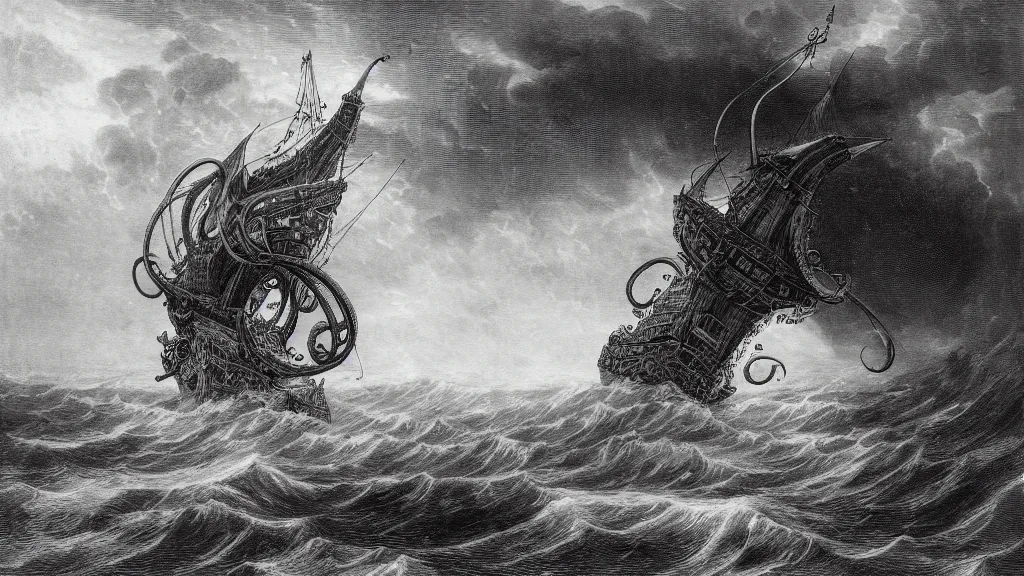 Image similar to drawing of an octopus attacking an airship above a stormy ocean, by gustave dore, nineteenth century, black and white, vintage, science fiction, epic composition, dramatic lighting, highly detailed