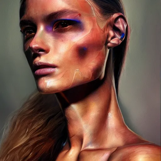 Prompt: cyborg fashion model, hyperrealism oil painting, artstation, soft colors