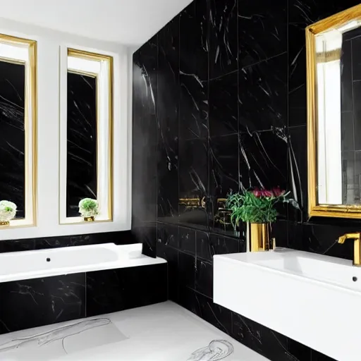 Prompt: bathroom, black marble tiles, gold sink and faucet, backlit mirror