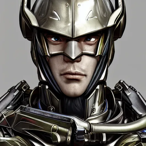 Image similar to studio portrait of lawful good man holy mecha paladin absurdly handsome, elegant, handsome man, ultrafine hyperrealistic detailed face illustration by kim jung gi, irakli nadar, intricate linework, sharp focus, bright colors, matte, octopath traveler, final fantasy, unreal engine highly rendered, global illumination, radiant light, intricate environment