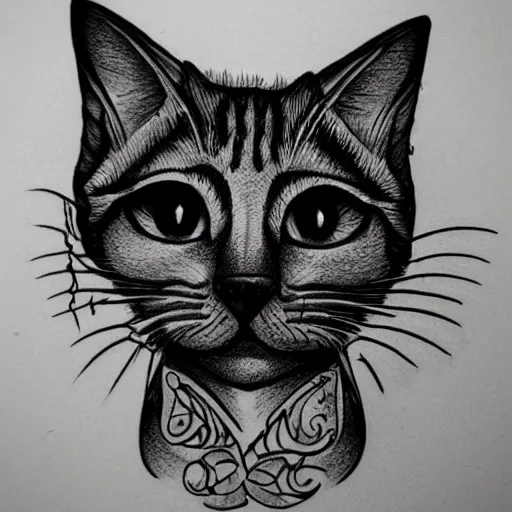 Image similar to tattoo sketch of a cat with one eye, on a canva, blackwork, ornamental, line art, vector,