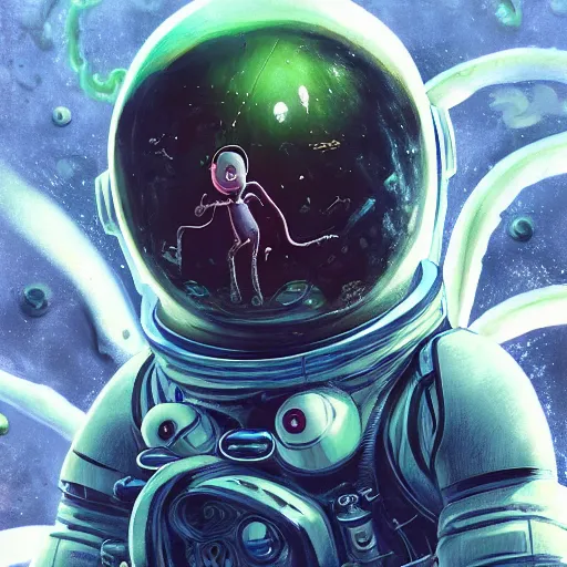 Prompt: highly detailed portrait of a possessed astronaut ((Teletubby)) (((((Mark Zuckerberg)))) with eldritch lovecraftian tentacles by Dustin Nguyen, Akihiko Yoshida, Greg Tocchini, Greg Rutkowski, Cliff Chiang, 4k resolution, nier:automata inspired, bravely default inspired, vibrant but dreary blue, black and white color scheme!!! ((Space nebula background))