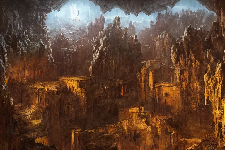 Prompt: an abandoned medieval city built inside a gigantic cave valley, by rutkowski, beksinski, fantasy still movie, highly detailed, photorealistic, digital art, matte painting, hd illustration, trending on artstation