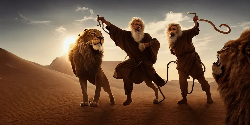 Prompt: a wise old man with a long white beard wearing a hooded tunic, riding a lion in the desert, the man in holding a snake as though it where handlebars and the lion is holding the snake in its mouth, epic cinematic establishing shot, dramatic lighting