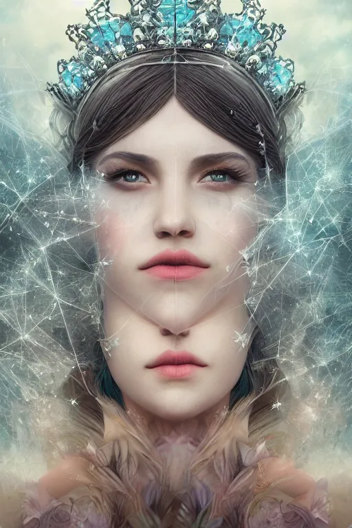 Image similar to Atmospheric detailed photography of a beautiful magician , wearing crystal fractal tiara, Symmetrical composition, fantasy long intricate gown, sharp focus, octane render, high quality, 8k, volumetric lighting, color grading, by Tom Bagshaw and James Jean and Artgerm