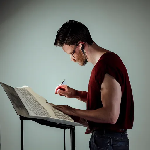 Image similar to a photograph of a man writing the novel of his life story, award - winning photograph, studio lighting, dramatic colors, striking lighting, perfect composition