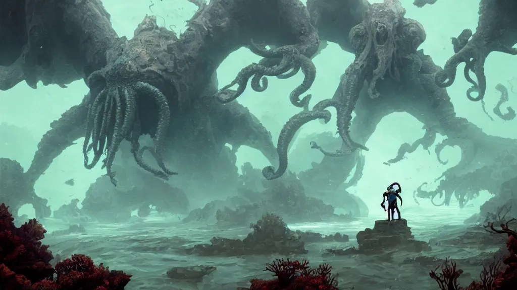 Prompt: A diver is under the sea, he has a treasure with him, he is swimming away from the giant Cthulhu that is behind hunting him, this is an extravagant planet with wacky wildlife and some mythical animals, the background is full of ancient ruins, the ambient is dark with a terrifying atmosphere, by Jordan Grimmer digital art, trending on Artstation,