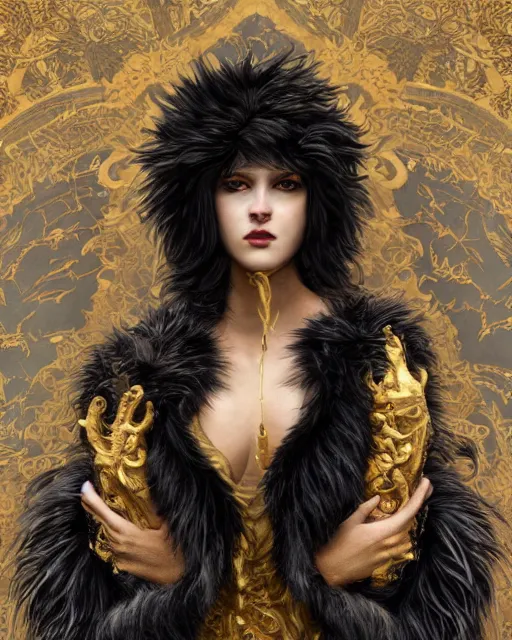 Prompt: a portrait of black shadow nightmare human monster, covered in long fur, long black velvet gown, gold necklaces, illustration, dramatic lighting, soft details, painting oil on canvas, art nouveau, octane render, HDR, 4k, 8k, HD, by Edmund Blair Leighton, Brom, Charlie Bowater, trending on artstation, Tom Bagshaw, faces by otto Schmidt