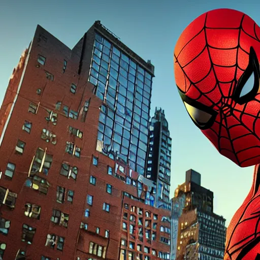 Image similar to spider - man swinging through new york buildings, sunset at golden hour, 4 k.