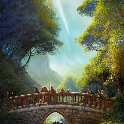 Prompt: the hobbits with gandalf are walking along the bridge to rivendell, the elves warmly welcome them, blue clear sky, vivid color, highly detailed, digital painting, artstation, matte, sharp focus, impressionnisme, art by shishkin and kuindzhi